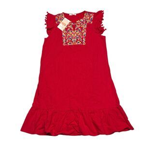 Floral Embroidered Shift Dress Red Flowy Boho Ruffle